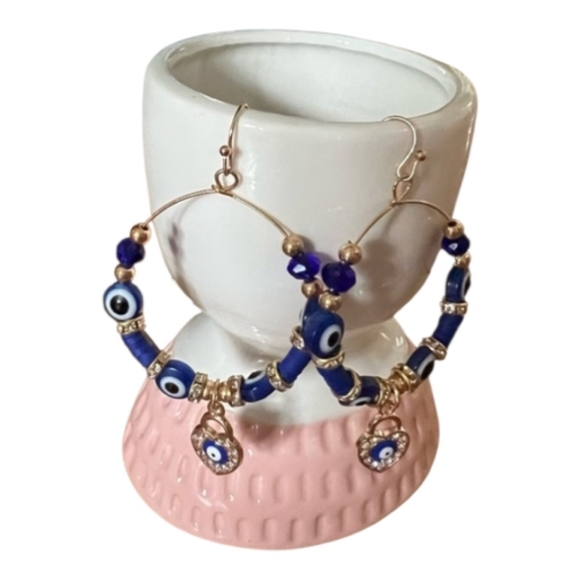 Blossom Jewelry - Blossom ~ Blue & Gold Evil Eye Beaded Hoop Earrings NWT